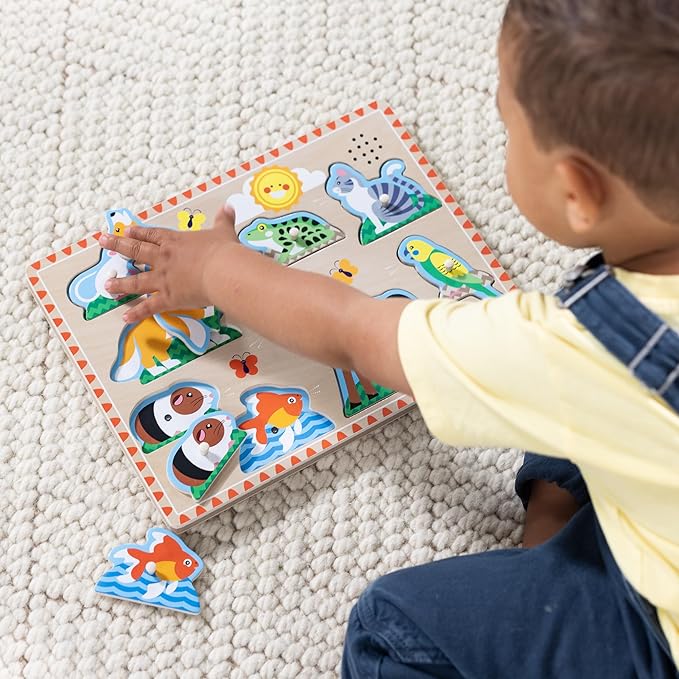 Melissa & Doug Zoo Pet Animals Sound Puzzle – 8-Piece Wooden Peg Puzzle with Light-Activated Sounds, Music Learning Toy for Toddlers and Preschoolers Ages 2+