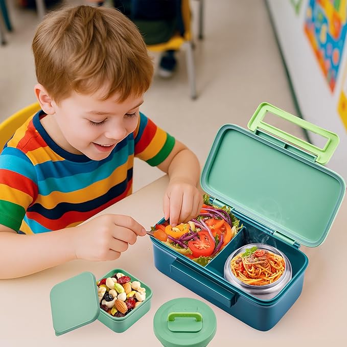 Lunch Box for Kids With 8oz Soup Thermo, Leak-proof Lunch Container with 2 Compartments, Thermo Food Jar Food Containers for Back to School Girls Boys (Green)