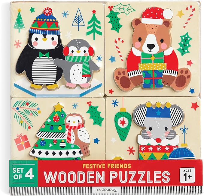 Mudpuppy Festive Friends – Set of 4 Wooden 4 Piece Puzzles Featuring A Colorful Christmas Scene with Adorable Characters Perfect for Toddlers