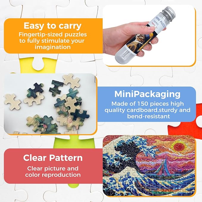 150 Pieces Mini Jigsaw Puzzles for Adults & Kids,6 x 4 Inches,Mini Puzzles,Travel Puzzle,Small Micro Puzzles,Challenging Difficult Puzzle,3 Pack Famous Paintings Series
