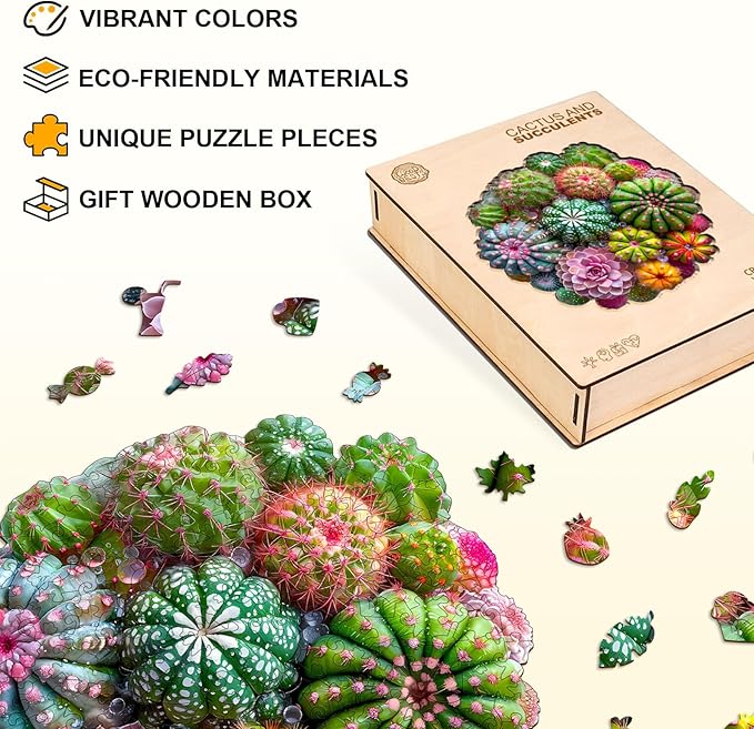 Wooden Puzzles for Adults, Cactus and Succulents Wooden Jigsaw Puzzle 3D Visual Effect Unique Shape Plant Wood Puzzles Adult, Birthday Gifts for Puzzle Lovers Family Games (M-11.4 * 11.3in-200pcs)