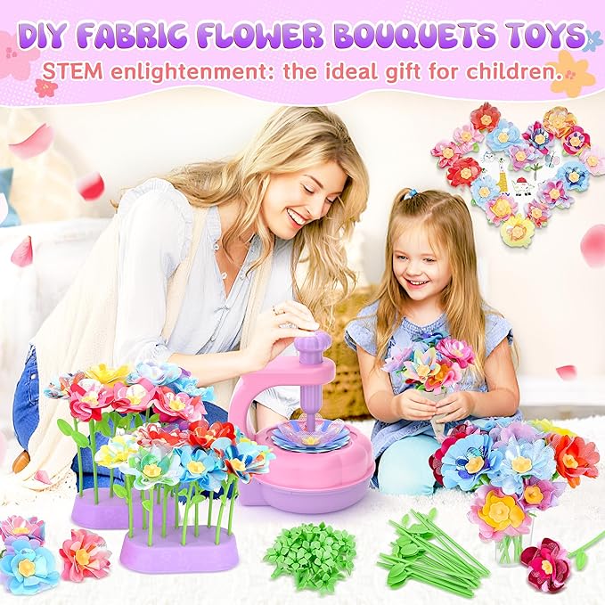 GirlsHome 300+PCS Fabric Flower Bouquets Toys, DIY Flower Crafts Kits for Kids, Arts and Crafts for Kids Ages 6-8 Girls, Build Flower Bouquet, STEM Educational Toy Preschool Gifts (Purple Pink)
