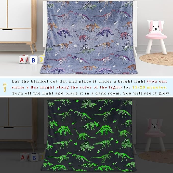 Glow in The Dark Dinosaur Blanket for Boys Girls Kids - Cute Dino Throw for Couch, Soft Warm Plush Fleece Toddler Blanket, Luminous 40"x50"