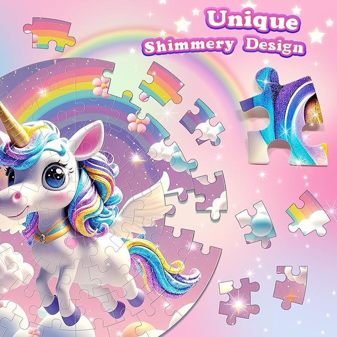 72 Pieces Shimmery Jumbo Unicorn Floor Puzzle for Girls 3-5 4-6 Age Floor Puzzles for Boys and Girls Large Round Floor Jigsaw Puzzles (Unicorn)