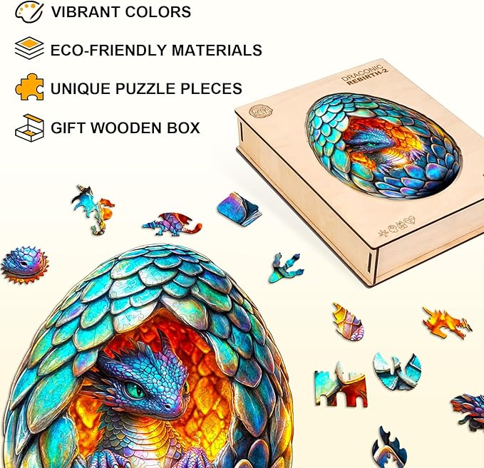 KAAYEE Wooden Puzzles for Adults, 3D Visual Effect Draconic Rebirth Dragon Wooden Jigsaw Puzzle Unique Shape Wood Puzzle Adult, Fathers Birthday Family Game (M-12.6 * 9.3in-170pcs)