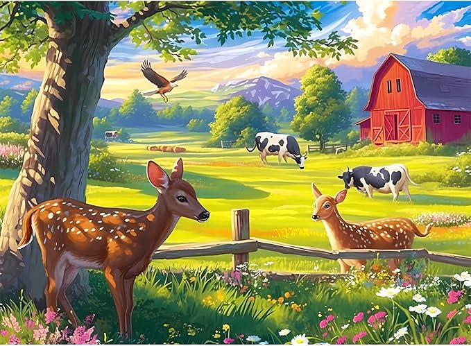 300 Pieces Puzzles for Adult Jigsaw Puzzle 300 Piece Children Elderly Puzzle Deer Cow Farm Puzzle Gift for Mom Dad Family Friend Family Activity Games Home Decor Wall Art 20.5x15IN