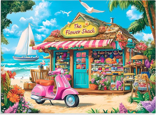 500 Pieces Puzzle for Adults, Beach House Flower Puzzle, Recycled Cardboard Jigsaw Puzzles 500 Pieces, Challenging Puzzles Game Home Art Decor Birthday Party Gift Toy for Teens Seniors 20.5 * 15 inch