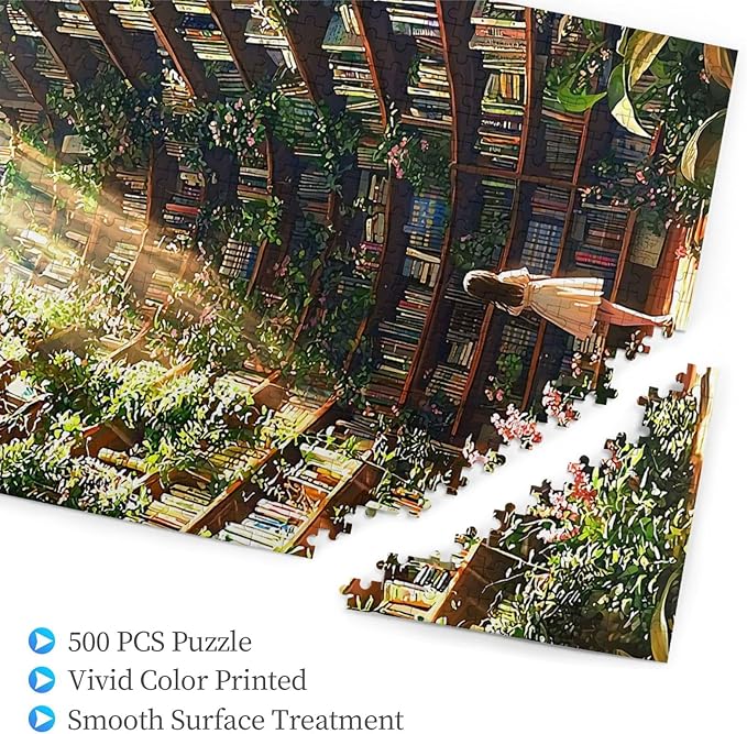 Library Jigsaw Puzzle 500 Pieces，Library Bookshelf Jigsaw Puzzles,Plant Bookshelf Puzzles, Library Retro Aesthetic 500 Pieces Puzzle Art, Botanical Literary Theme Difficult Challenging Hard Puzzle