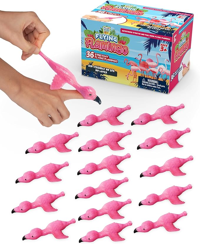 PICK A TOY 36 Pcs Flamingo Party Favors Toys for Kids, Bird Shooter Game Finger Flicker, Tropical Themed Decorations, Treasure Chest for Kids Prizes, Flying Chicken Slingshot