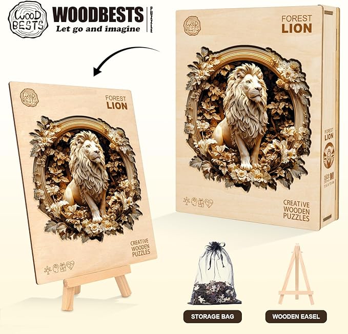 Wooden Puzzles for Adults, Forest Lion Wooden Jigsaw Puzzle 3D Visual Effect Unique Shape Animal Wood Puzzles Adult, Birthday Gifts for Puzzle Lovers Family Games (M-11.4 * 11.4in-200pcs)