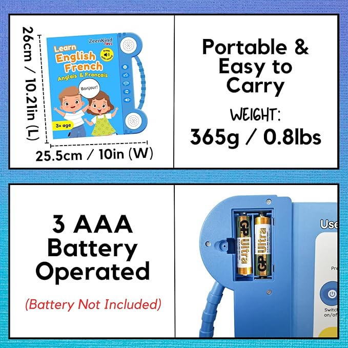 ZeenKind French English Talking Learning Book for Kids 2 3 4 5 6 Years Old, Learn French Interactive Audio Sound Books for Toddlers, Francais Educational Electronic Toys, Bilingual Musical Toy
