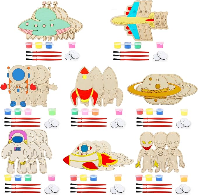 LARDUX Space Party Favors, 24PCS DIY Wooden Arts & Crafts Painting Kit for Kids, Glow in The Dark Party Favors Family Crafts Birthday Party Christmas Gifts Toys for Boys Girls