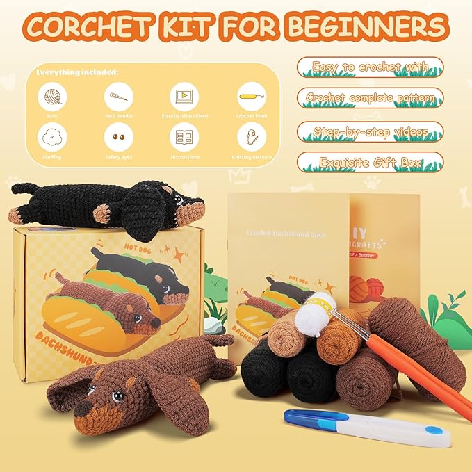 Crochet Kit for Beginners - 2 PCS Dachshund Crochet Kits with Step-by-Step Video Tutorials, Beginner Crochet Kit for Adults, Crochet Animal Kit for Kids, Dog Craft Knitting Kit