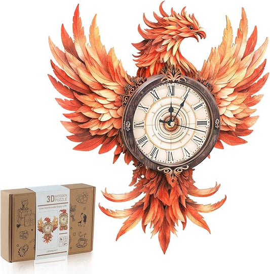 3D Wooden Puzzles for Adults, 3D Puzzle Fire Phoenix Clock Kit (with Pendulum), 3D Puzzles for Adults Teens Home Wall Decor Clock Puzzle Gifts for Adult
