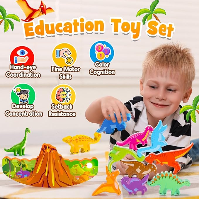 Dinosaur Toys for Kids 3-7 Kid Wooden Stacking Blocks Montessori Toy for 3 4 5 6 7 8 Year Old Boys Girls Christmas Birthday Gifts Toddler Balance Game Ages 3-5 Toys for Boy Girl Age 5-7