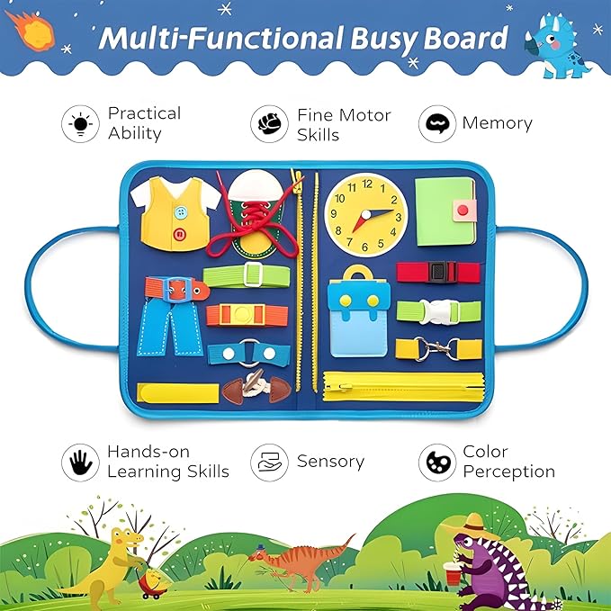 Busy Board for 1+ Year Old Sensory Toys for Toddlers 1-3 Montessori Learning Busy Book for Boys Girls Preschool Toys Gift (Dinosaur)