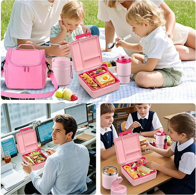 Bento Lunch Box for Kids with 17oz Soup Thermo,Insulated Tumbler Water Bottle and Insulated Lunch Bag,Leak-Proof 3 Compartment Lunch Food Container with with Ice Pack for Kids to School-Pink