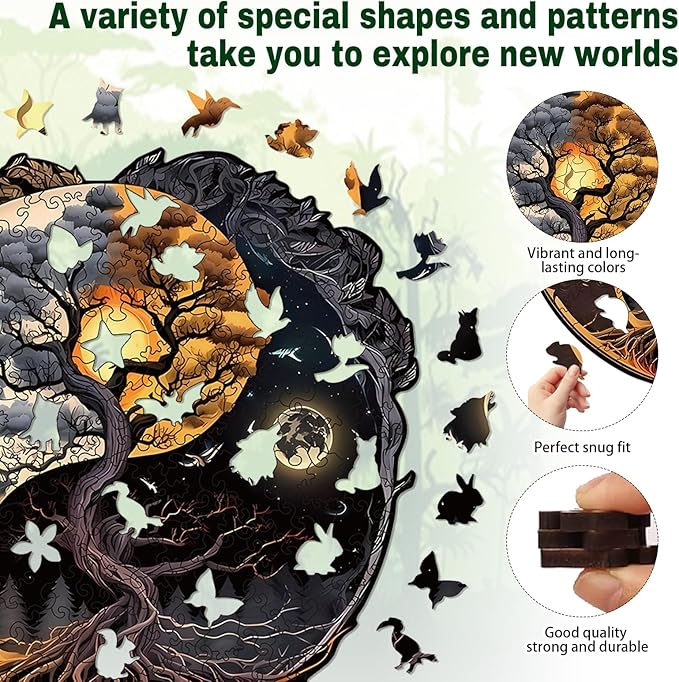 Wooden Puzzles for Adults, 200 Pieces Tree of Life Puzzle Uniquely Irregular Animal Shaped Wooden Jigsaw Puzzles, Creative Gift for Teenagers and Adults