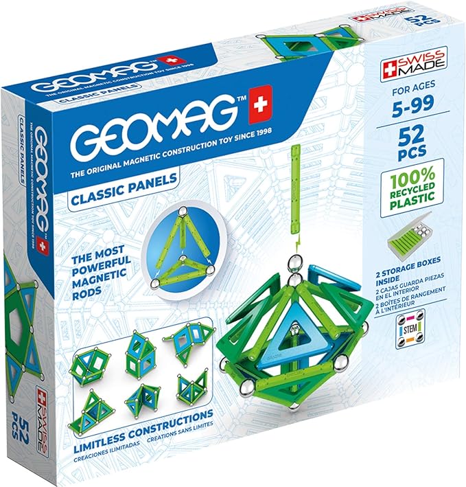 Geomag Classic Magnetic Toys for Kids Ages 5+, 52pc Educational STEM Magnets for Kids - Swiss-Made Magnetic Blocks, Tiles and Building Toys from 100% Recycled Plastic