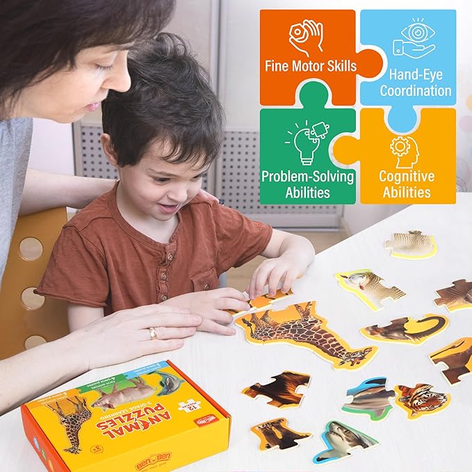 BenBen Puzzles for Toddlers 2-4,12 Animal Puzzles, 3 Levels Step-by-Step Color-Coded Jigsaw Puzzles, 48 Pieces Total, Educational Montessori Toys for Preschool Girls Boys