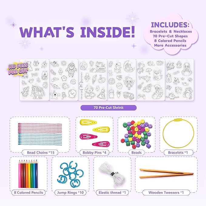 70 Pre-Cut Unicorn Shrinky Dink Sheets Art Kit, Shrink Paper Keychain Kit with 8 Colored Pencils Make Jewelry Charms & Accessories, Mess-Free Arts & Crafts for Kids, DIY Crafts for Adults and Teens