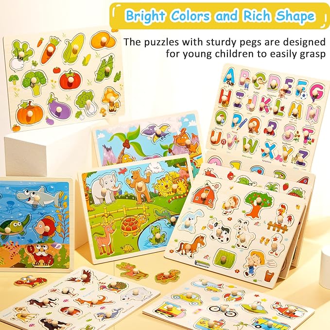 Chivao 10 Pack Wooden Peg Puzzles for Toddlers Jigsaw Learning Puzzles for Kids Wooden Toddler Toys with Alphabet Number Animal Vehicle Shape