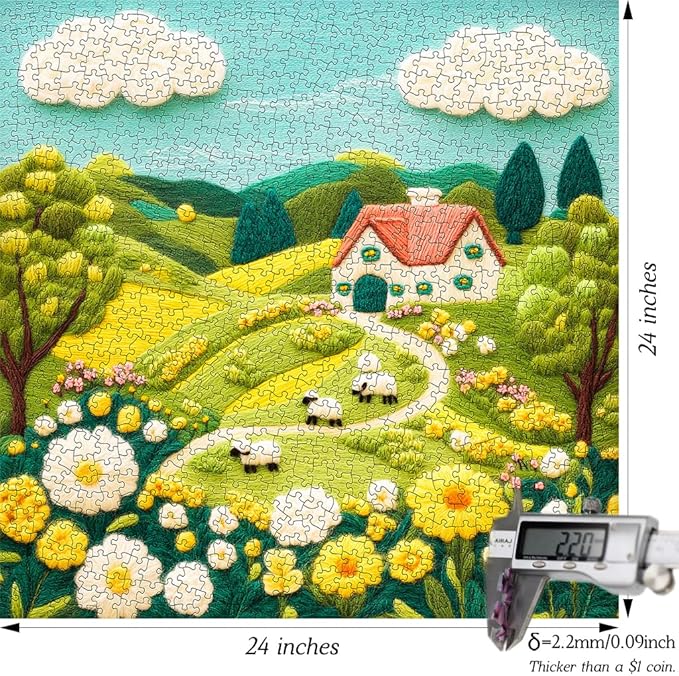 Bgraamiens -Felted Farm Land-1000 Pieces Farm Land Puzzle for Adults,Whimsical Embroidery Art Design, Flowers Art Puzzle