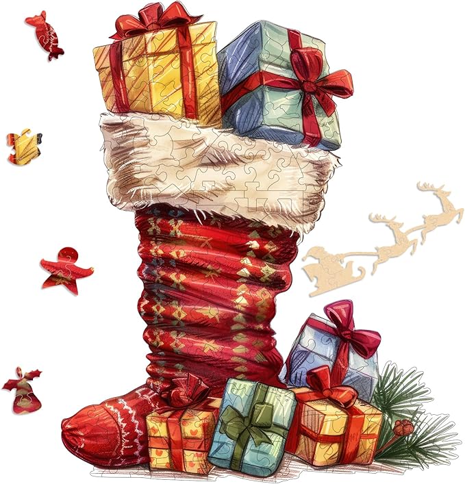 Ruikiyart Wooden Puzzles for Adults, 5MM 150 Pieces Christmas Boots Wooden Jigsaw Puzzles, Unique Shapes Pieces Christmas Puzzles Great Box Gift for Kids and Adults (9.5"x11.4")