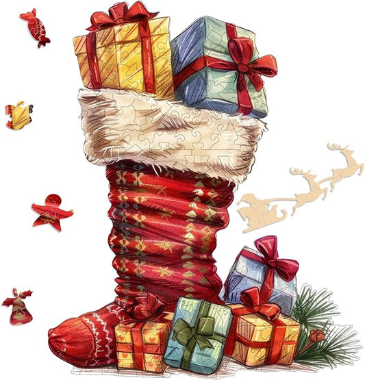 Ruikiyart Wooden Puzzles for Adults, 5MM 150 Pieces Christmas Boots Wooden Jigsaw Puzzles, Unique Shapes Pieces Christmas Puzzles Great Box Gift for Kids and Adults (9.5"x11.4")