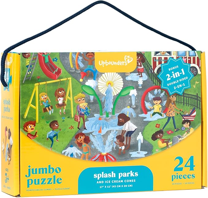 Upbounders® Double-Sided Jumbo Floor Puzzle for Kids | 24-Piece Jigsaw Puzzle with Large Pieces & Storage Box | Multicultural Puzzle for Toddlers & Children (Splash Park & Playground Theme)