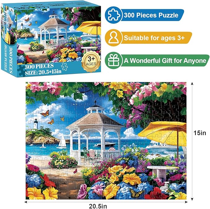300 Piece Puzzles for Adults,Ocean Beach Jigsaw Puzzle for Adults Kids Elderly,Large Piece Oceanside Puzzle for Kids Age 8-10 10-12,Challenging Summer Puzzle with Letters on Back,Great Gift 20.5x15in