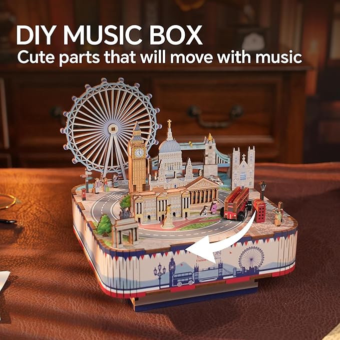 Tonecheer Wooden Music Box Puzzle for Adults,DIY Rotating Music Box Kit 3D Creative Musical Puzzle Crafts Model Building Kits Desk Decor for Teens Kids Birthday Gift (London Music Box)