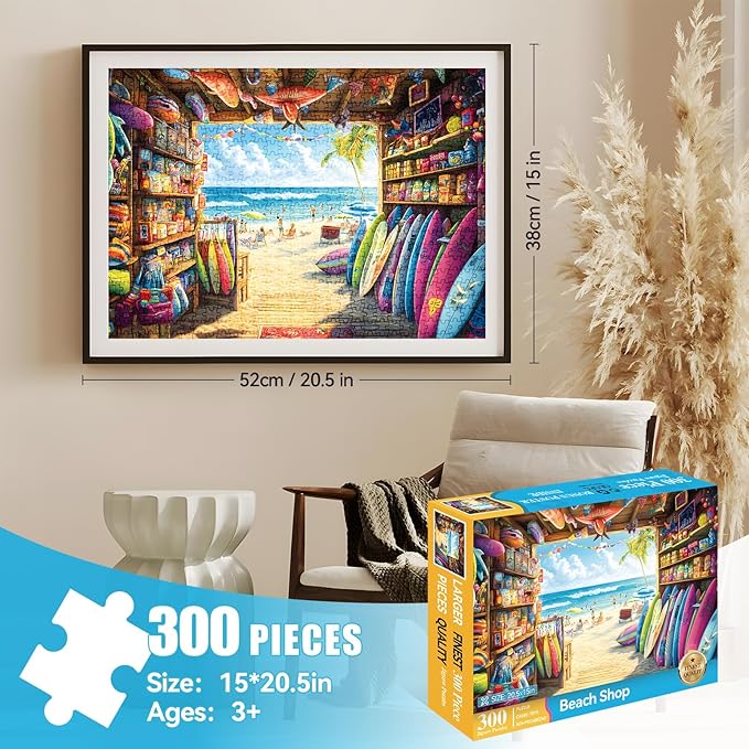 300 Piece Jigsaw Puzzle for Adults – Seaside Surf Shop Scene – Fun and Challenging Puzzle Game, Unique Beach Artwork, Gift for Adults, Home Decor, Family Entertainment (20.5" x 15")