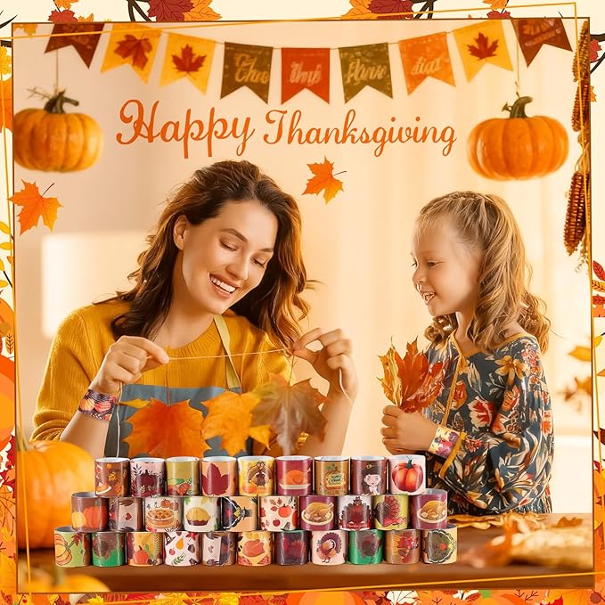LUYI 144 Pcs Thanksgiving Slap Bracelets，Thanksgiving Party Favors Supplies -36 Different Designs Bracelets Bulk for Thanksgiving Decorations Treat Toys Bag Stuffers Gift