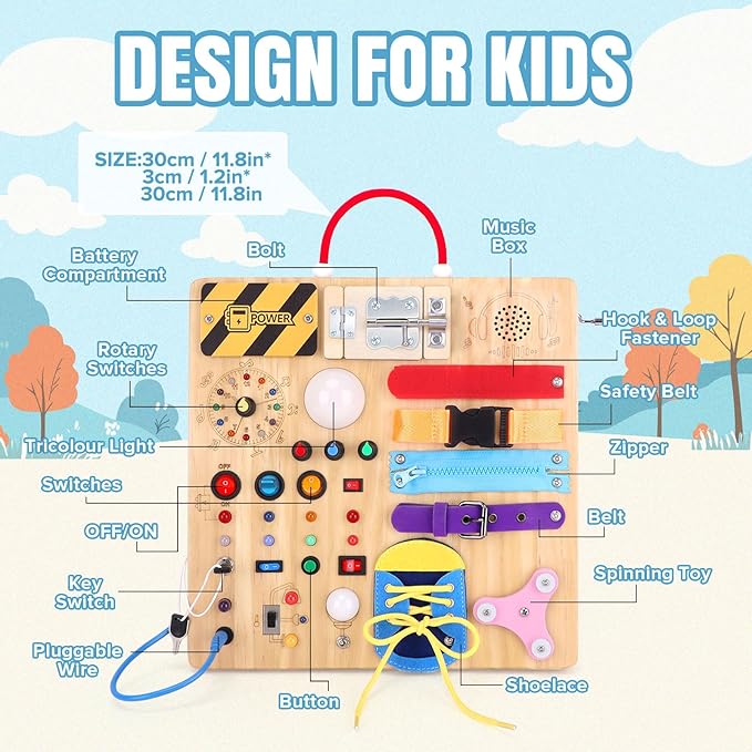 23 in 1 Busy Board Montessori Toys for 1-3 Year Old Wooden Learning Educational Toy for Toddlers with 15 Switches, 26 LED Lights, Music Boxes, Locks,Zippers Toddler Sensory Toys for Soothing A Baby