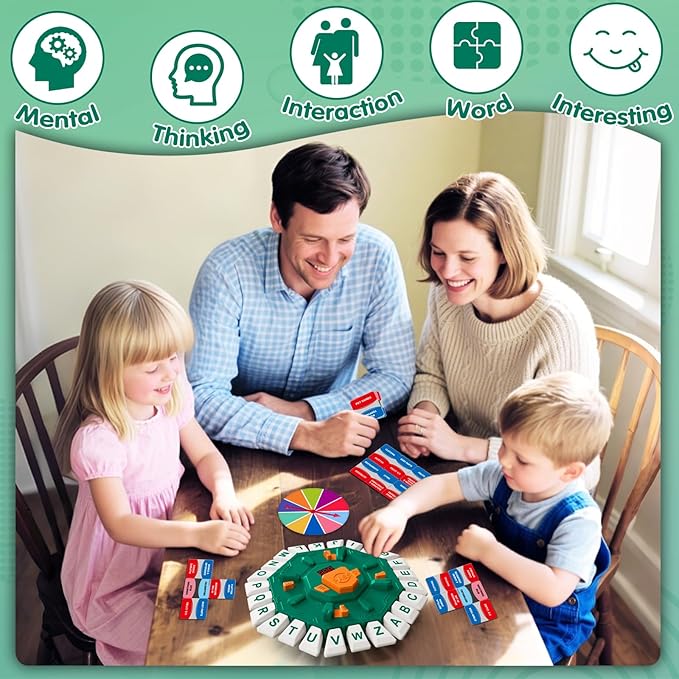 Family Board Word Games for Kids & Adults w/Display Timer, Fast Paced 24-Letter Learning Party Card Game with Spinning Penalty Wheel, 2 Modes & 220 Topics, Xmas & Birthday Gifts, Green