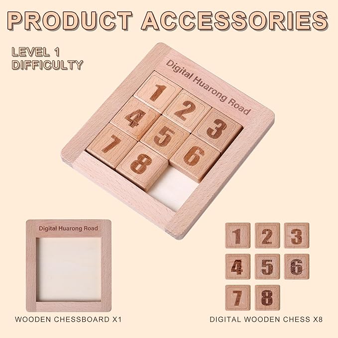 Wooden Number Sliding Puzzle，Brain Teasers Toy Tangram Slide Puzzle Game，Sequential Puzzles Board Game，Educational Toys for Kids and Adults (1-8 Samll Size)