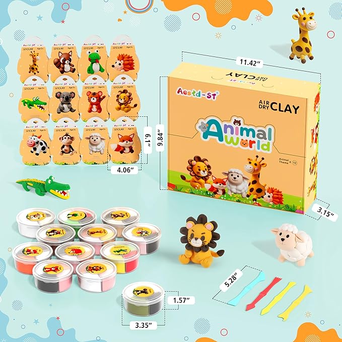 Air Dry Clay Kit - Animal Theme, Modeling Clay for Kids, DIY Model Magic Clay with Sculpting Tools and Tutorials, 12 Boxes Molding Clay, Ultra Light, Soft & Non-Sticky, Arts and Crafts Gift for Kids
