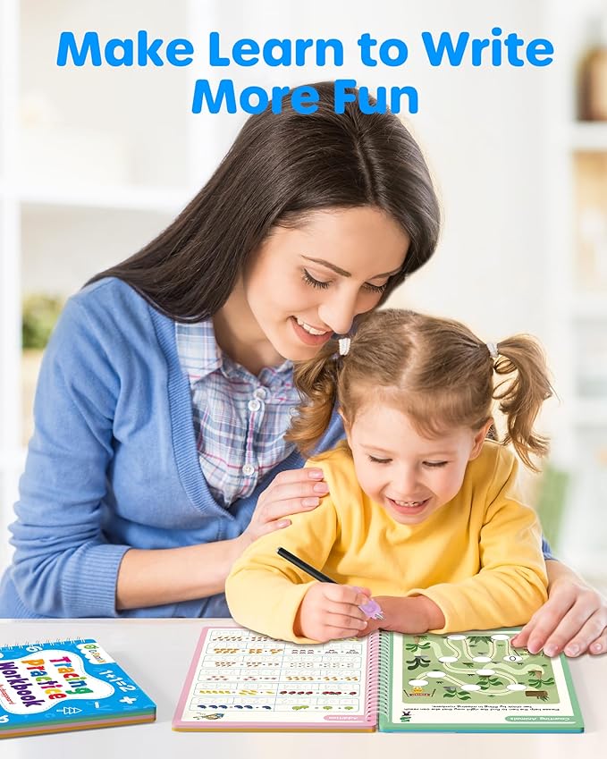 D-FantiX Magic Grooved Writing Practice for Kids Age 3-5, Reusable Grooved Handwriting Practice for Kids 5-7, Learn to Write Letter Tracing Books for Kids Kindergarten Preschool Learning Activities