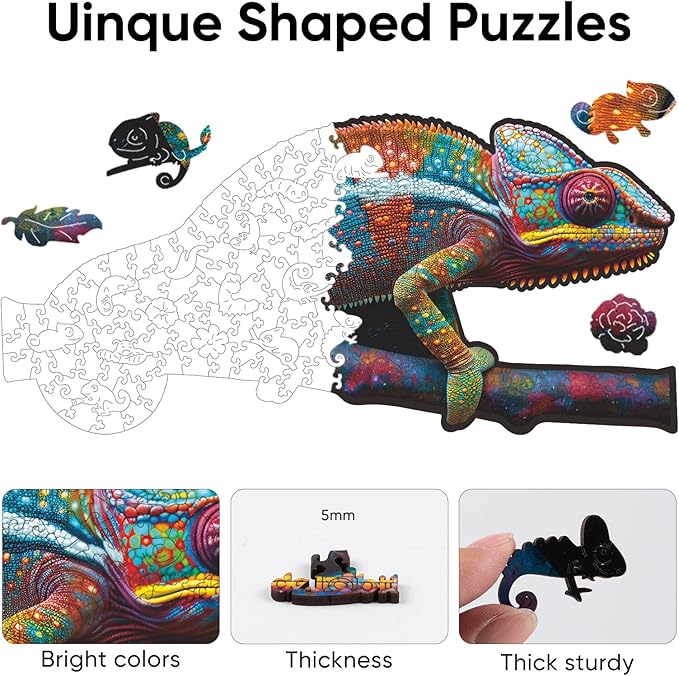 delobil Wooden Puzzles for Adults, Chameleon Jigsaw Puzzles 200 Piece, Unique Shape Puzzles for Adults and Kids, Fun Challenging Puzzles Family Game Gift, Medium Size 15.6 x 7.6 Inches