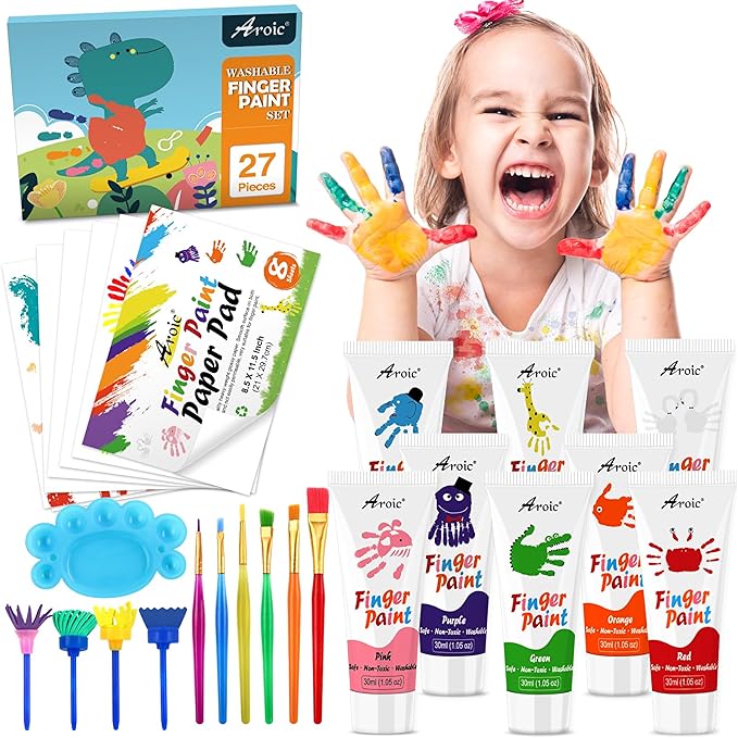 27PCS Kids Washable Finger Paint Set, 8 Colors Non Toxic Finger Paints, Finger Paint Paper, Brushes, Sponges, Art Painting Supplies for Toddlers,Finger Painting Supplies for Kids Boys Girls Gifts