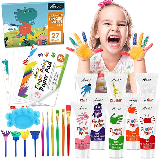 27PCS Kids Washable Finger Paint Set, 8 Colors Non Toxic Finger Paints, Finger Paint Paper, Brushes, Sponges, Art Painting Supplies for Toddlers,Finger Painting Supplies for Kids Boys Girls Gifts