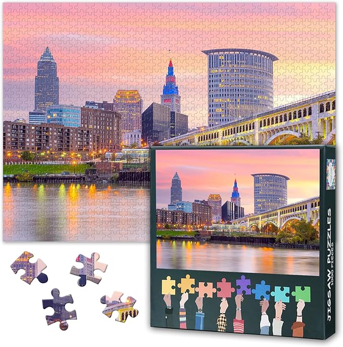Puzzles for Adults 1000 Pieces Cleveland Skyline Challenging Jigsaw Puzzles for Adults, 27.5x19.7 Inch Ohio Cityscape Puzzle Game for Women Home Decoration Birthday Gift
