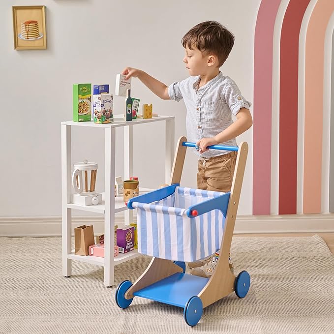 Teamson Kids Wooden Shopping Cart for Toddlers with 13 Pretend Grocery Accessories Push Walker Play Food Toy with Rolling Wheels Blue and White Striped Basket for Boys Girls Ages 3+ Safety Certified