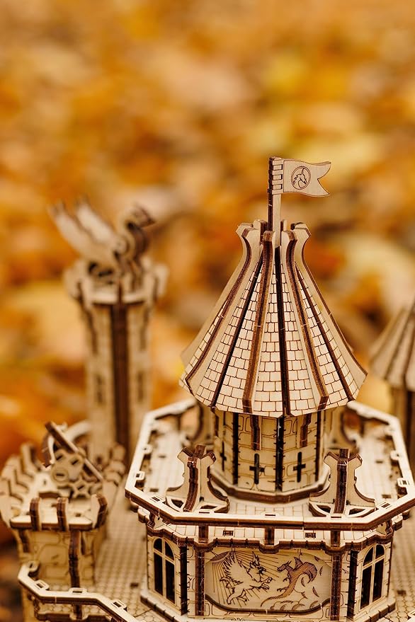 Wood Trick Dragon Castle Movable Wooden 3D Puzzles for Adults to Build - Red LED - Greensleeves Melody - Towers Rotating - Engineering DIY Project Mechanical Model Kits for Adults