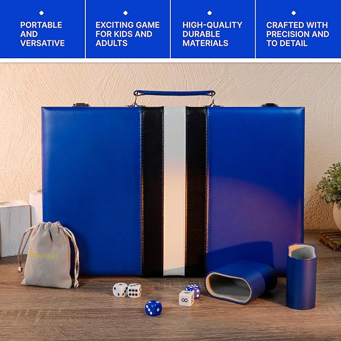 Backgammon Sets for Adults – 15-Inch PU Leather Board Game – Classic 2-Player Travel Backgammon Set with 32 Playing Pieces, Dice, and Cups