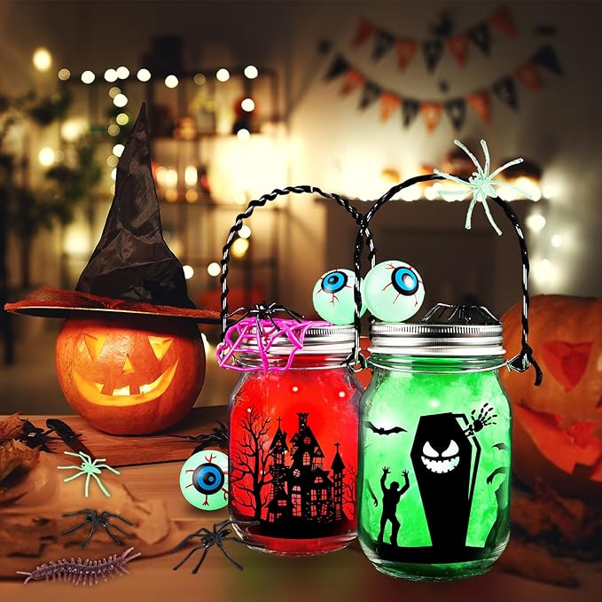 Letapapa Halloween Crafts for Kids, 4 PCS Mason Jar with Accessories for DIY Craft, Art Party Favor Supplies, Halloween Decoration Trick or Treating, Classroom Art Activities