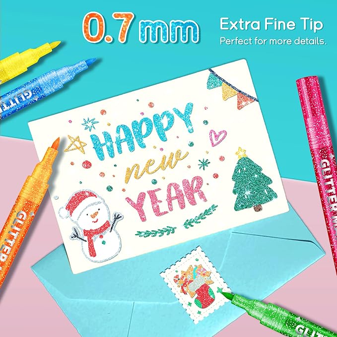 Glitter Markers Pens, 24 Colors Glitter Paint Pens Set Acrylic Sparkle Markers Teen Art Supplies for Scrapbooking, Cards, DIY Crafts, Adults Coloring, Extra-Fine Tip 0.7mm