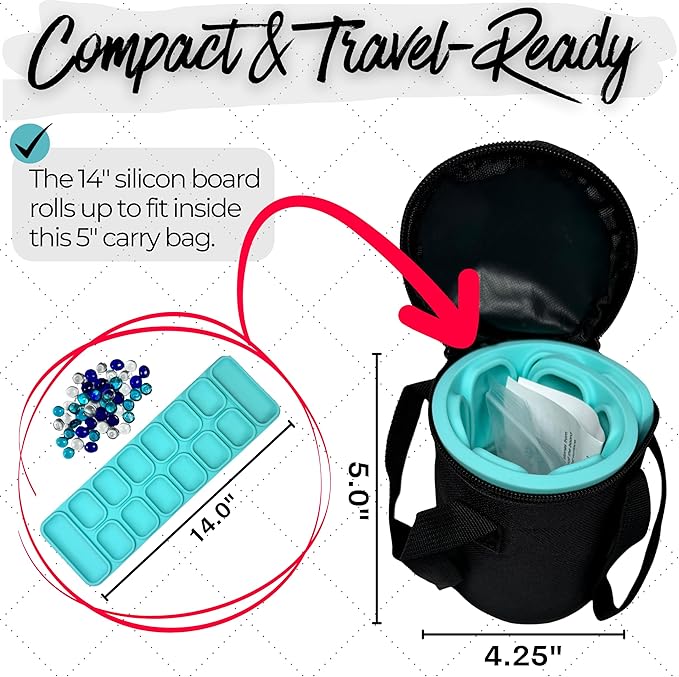 Travel Mancala Board Game Set – Flexible Silicone Roll-Up Board, 50 Stones & Zippered Canvas Bag – Portable Strategy Game for Adults & Teens (Light Teal)