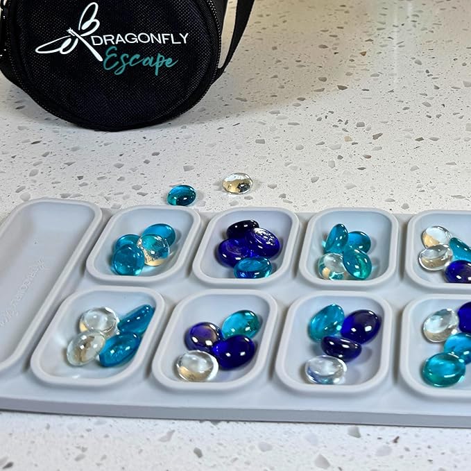 Travel Mancala Game Set – Flexible Silicone Roll-Up Board, 50 Stones & Zippered Canvas Bag – Portable Strategy Game for Adults & Teens (Light Grey)